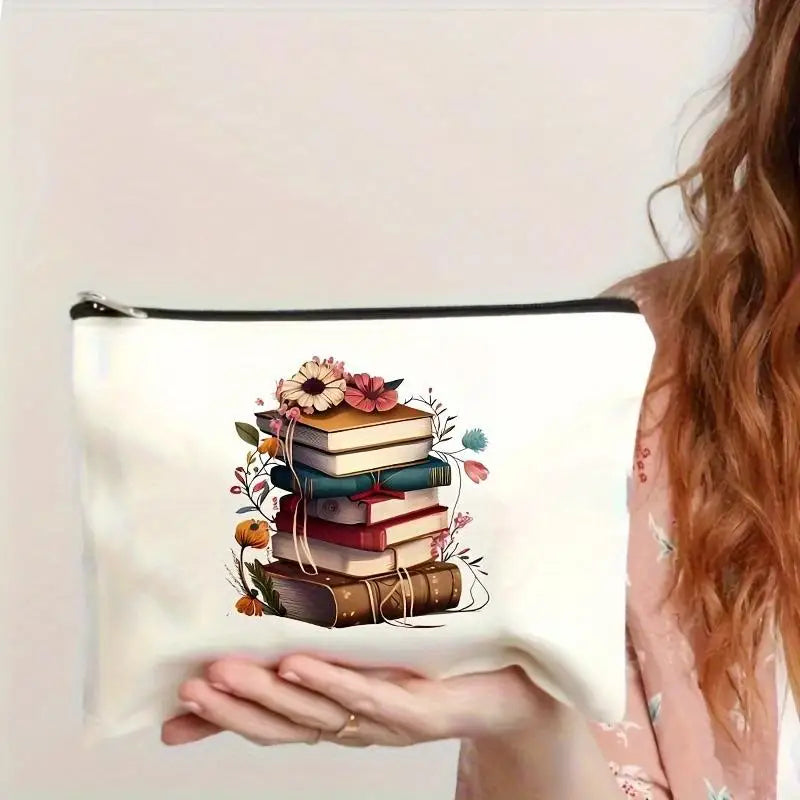 Book Theme Floral Canvas Zipper Pouch – Large Cosmetic Bag Canvas Zipper Pouch Babs