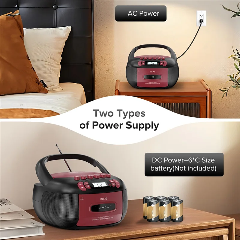 Portable Boombox CD Cassette Player – Bluetooth AM/FM USB AUX Portable Boombox Player Babs Red Black US Plug NONE