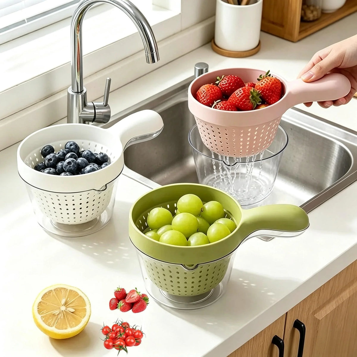 Dual-Layer Fruit & Vegetable Washing Basket with Strainer Kitchen Colander Basket Babs