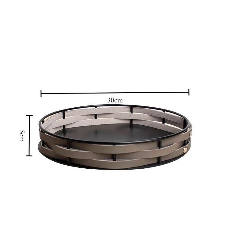 Light Luxury Metal & Leather Storage Tray | Modern Home Décor Decorative Storage Tray Babs Round-Grey