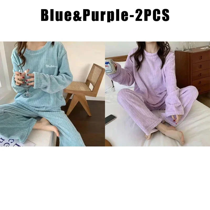 Women's Coral Fleece Flannel Pajama Set – Cozy Winter Loungewear Fleece Pajama Set Babs Blue Purple 2PCS One SIze