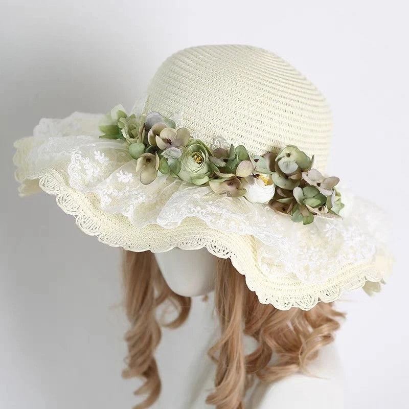 Lolita Straw Sun Hat Lace Ruffle Hydrangea Floral Beach Visor Straw Sun Hat Babs