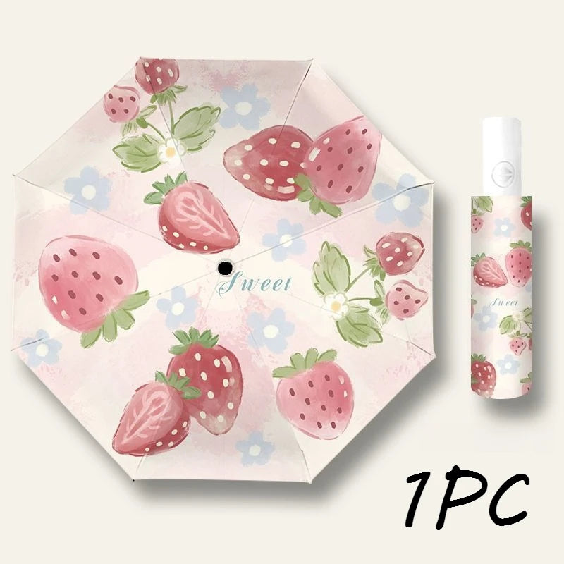 Automatic Strawberry UV Protection Umbrella UPF50+ Foldable UV Protection Umbrella Babs Pink 8K metal-fiber composite