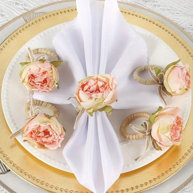 4PCS Pink Peony Napkin Rings – Burlap Twine Wedding Table Decor Napkin Rings Babs
