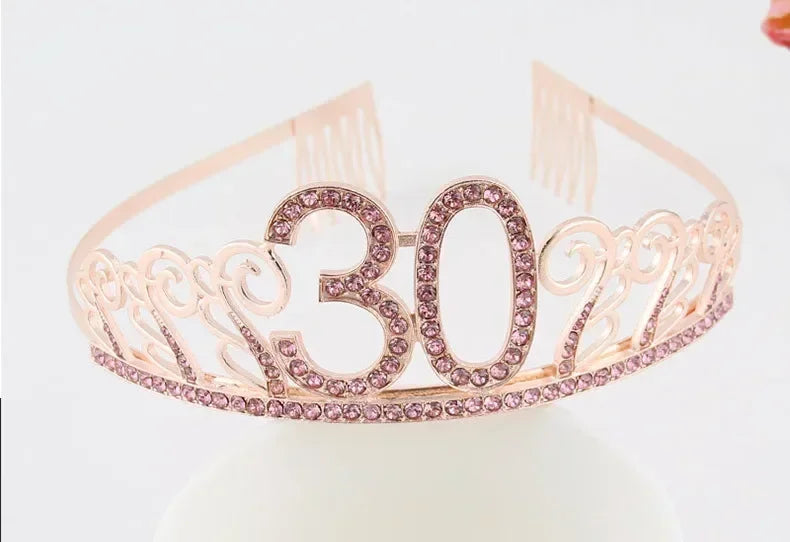 Rose Gold Satin Sash & Crystal Crown Tiara Set – Birthday Party