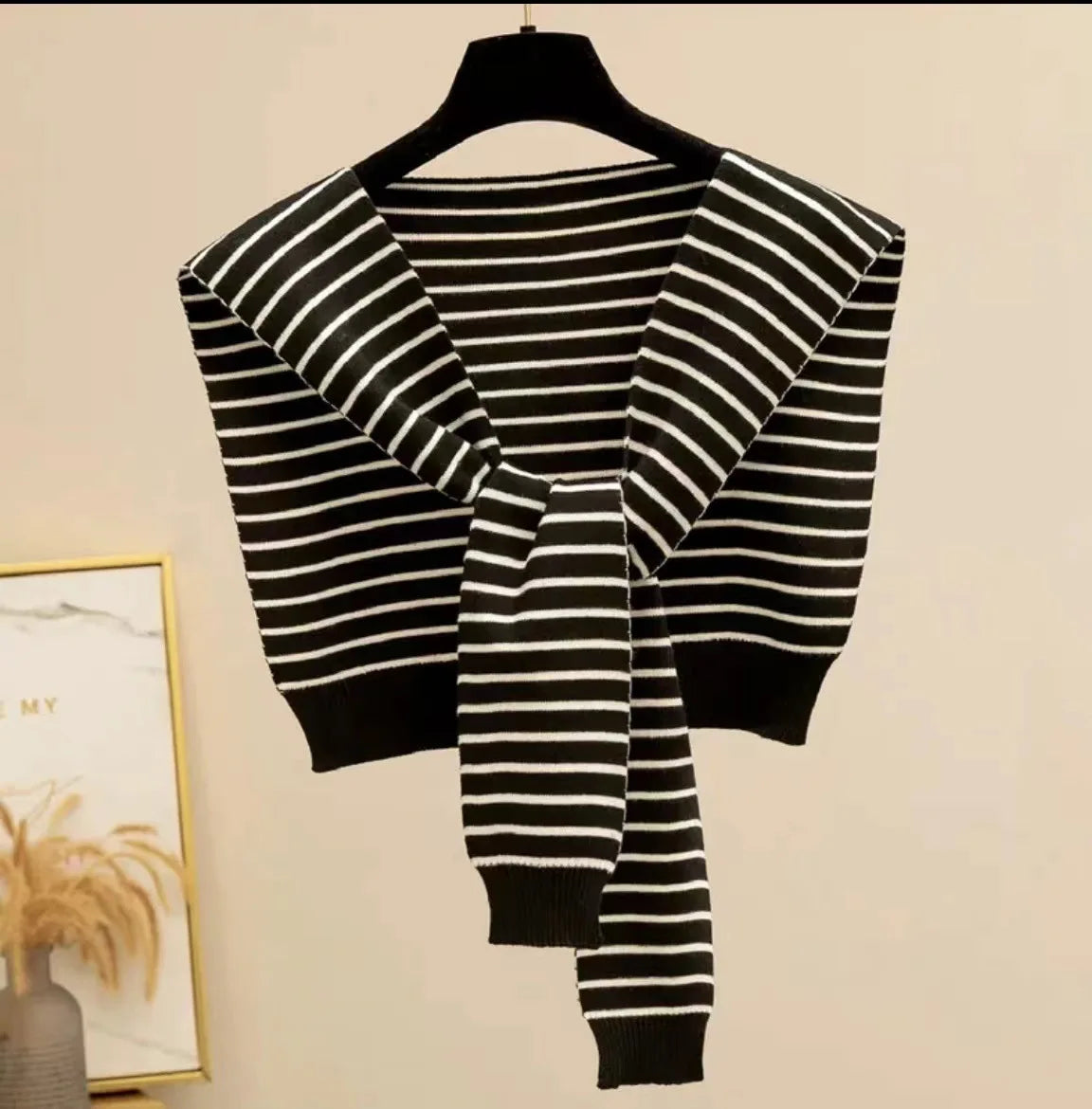 Korean Striped Knit Shawl Cape Scarf – Fake Collar, Unisex Knit Shawl Cape Babs Black C 10PCS