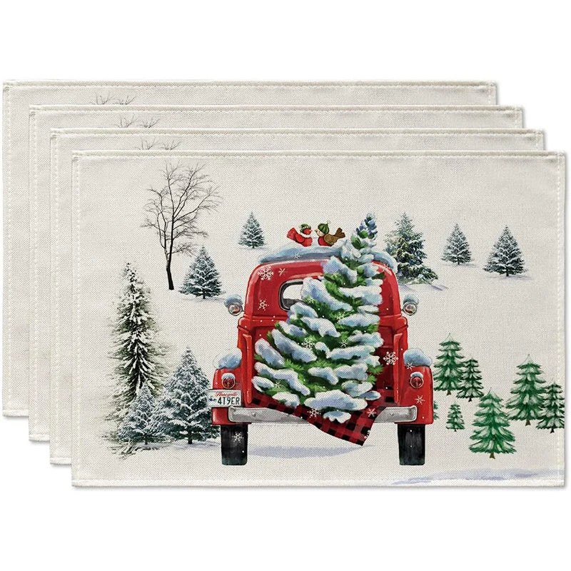 4Pcs Christmas Linen Placemats Set – Elk & Tree Table Mats Linen Placemats Set Babs SET-O Rectangle 45x30cm