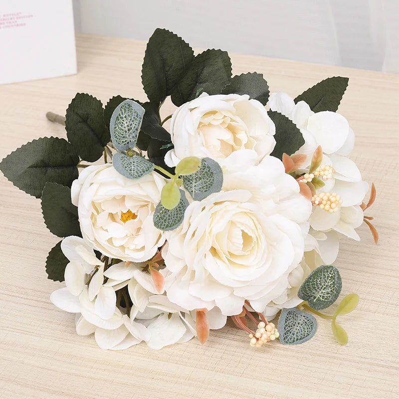 Silk Rose Bridal Bouquet – Artificial Hydrangea & Peony Flowers Artificial Flower Bouquet Babs White 1PC