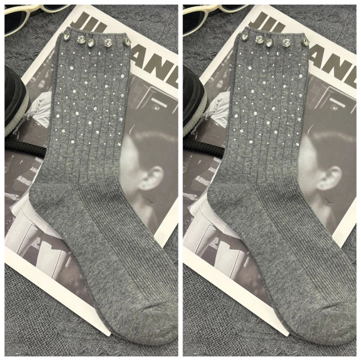 Women's Rhinestone Cotton Ankle Socks – Warm & Stylish Rhinestone Ankle Socks Babs Dark gray One Size