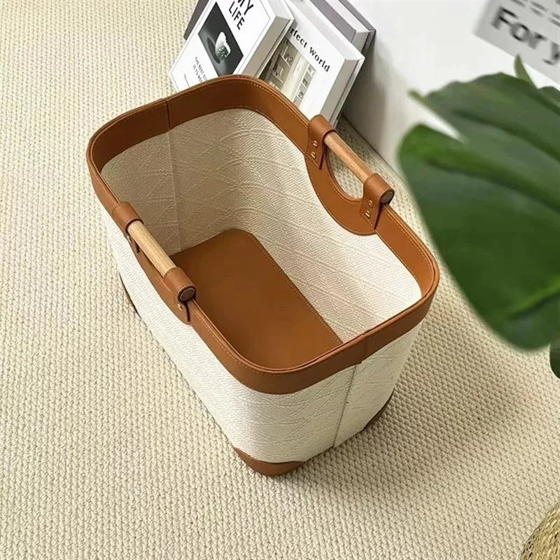 Large Leather Storage Basket with Wood Handle – Retro Organizer Leather Storage Basket Babs