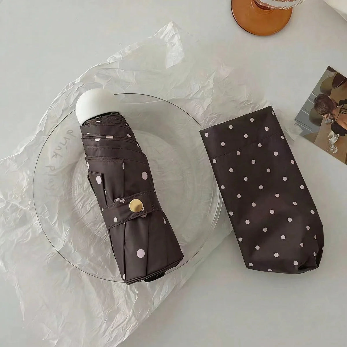 Polka Dot Folding Umbrella – UV Protection Rain & Sun Parasol Folding Umbrella Babs brown 6K metal-fiber composite