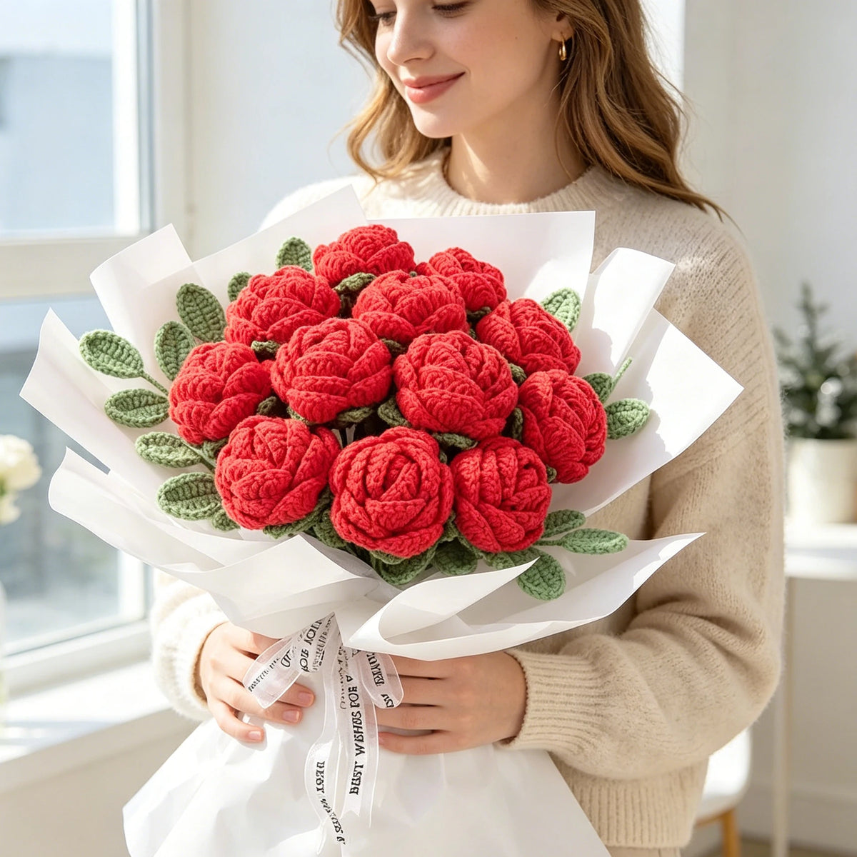 Handmade Crochet Yarn Rose Bouquet – Wedding & Home Decor Gift Crochet Flower Bouquet Babs