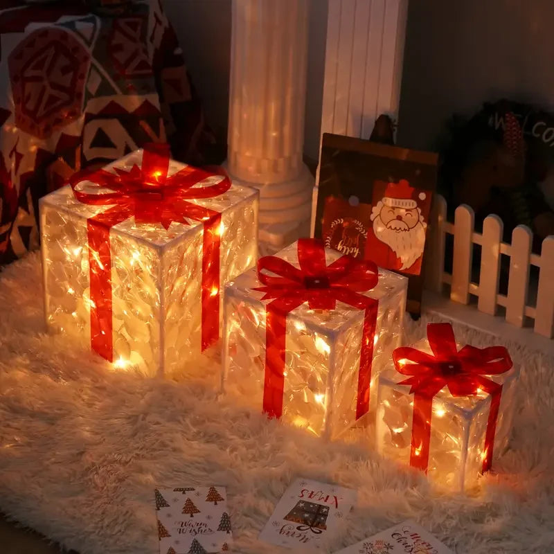 Christmas LED Glowing Gift Box Ornaments – Warm White Bow Décor Christmas LED Ornament Babs