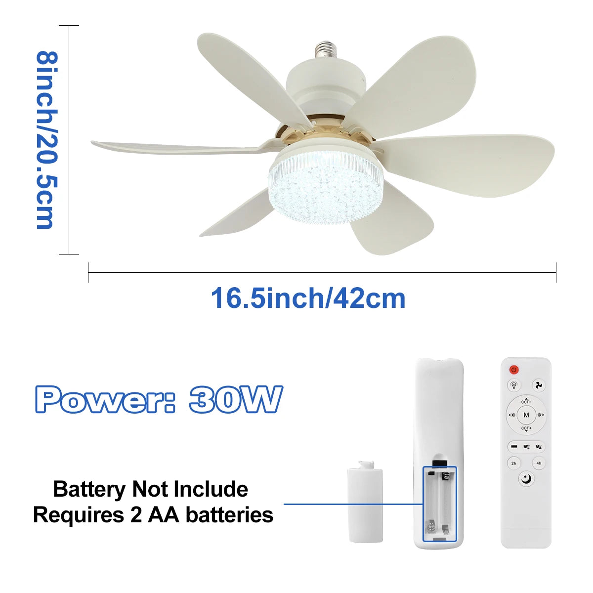 E27 Socket Ceiling Fan with LED Light & Remote Control Ceiling Fan Light Babs Crystal 42cm White