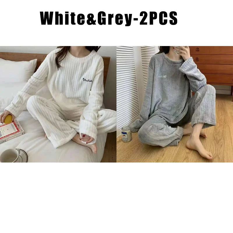 Women's Coral Fleece Flannel Pajama Set – Cozy Winter Loungewear Fleece Pajama Set Babs White Grey 2PCS One SIze
