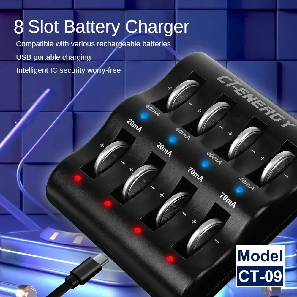 8-Slot Li-Ion Coin Cell Charger – CR2032 2450 1632 Type-C USB Coin Cell Charger Babs