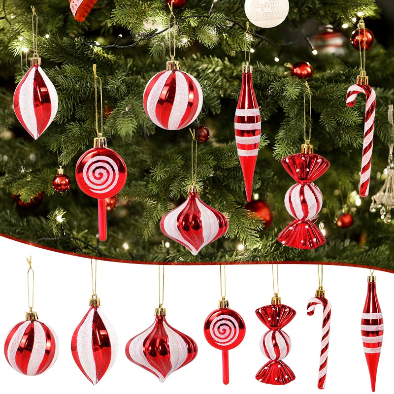14-Piece Christmas Ball Ornaments Set – Red & Candy Cane Christmas Tree Ornaments Babs