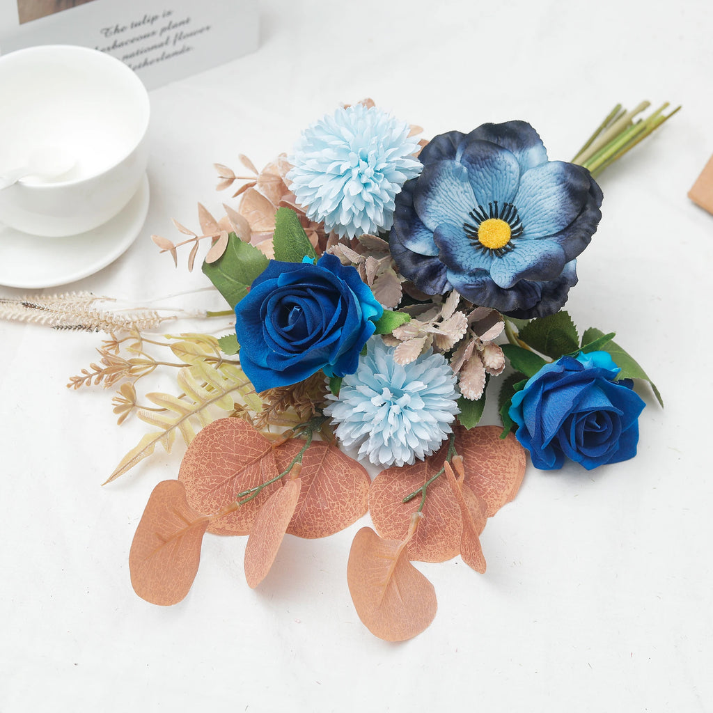 Silk Artificial Flowers – Rose Peony Chrysanthemum Eucalyptus Artificial Flower Stems Babs Blue
