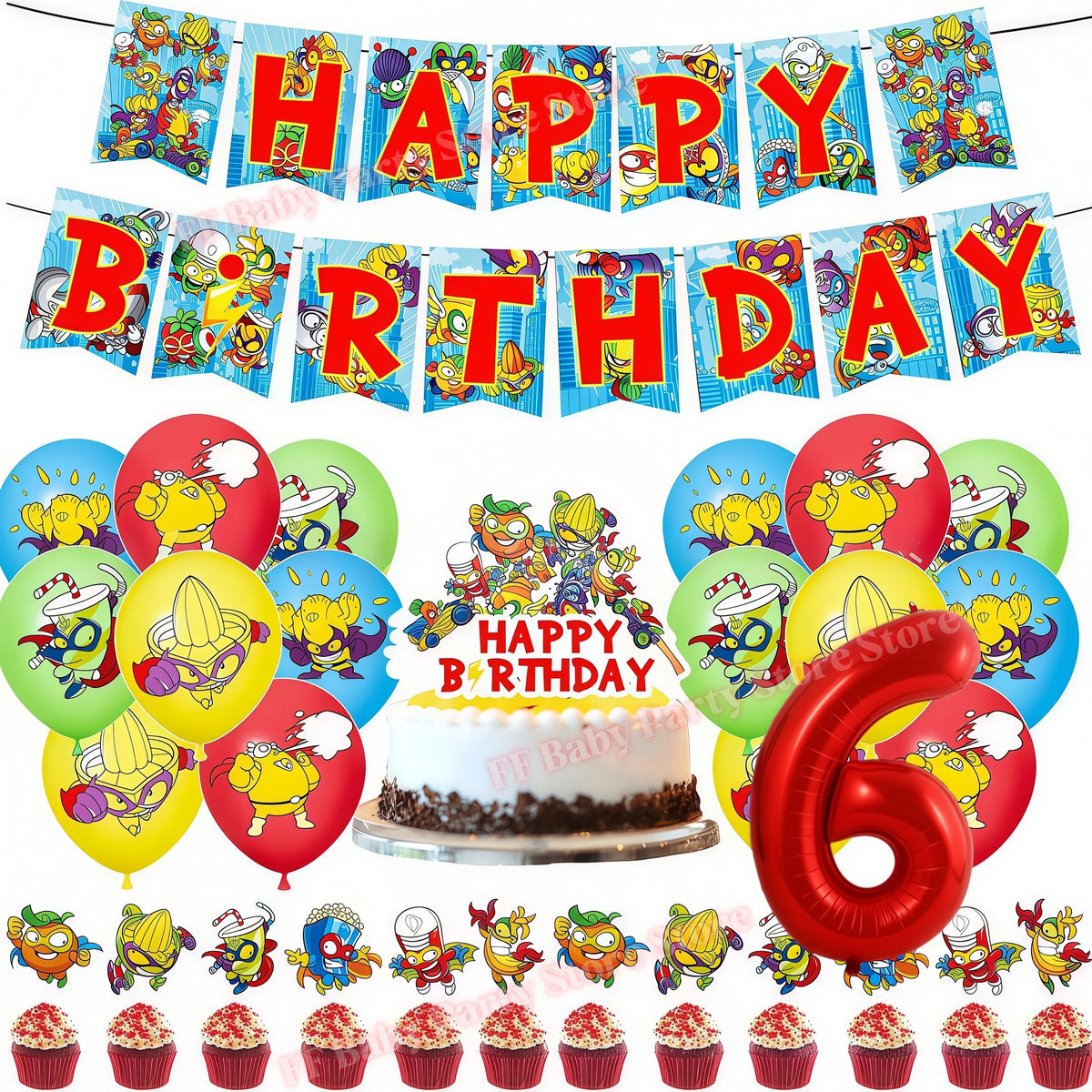 Superthings Party Balloons, Cake Toppers & Backdrop Set – 6pcs Party Decoration Set Babs 31pcs number-6 others