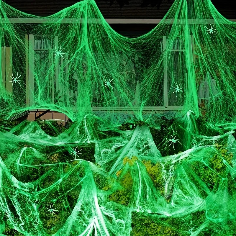 Glow-in-the-Dark Spider Web & 20 Black Spiders Halloween Decor Halloween Decoration Babs