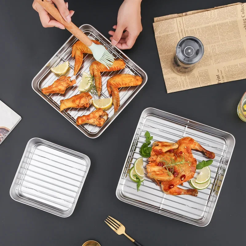 Square Stainless Steel Baking Tray with Grid Rack | Nonstick Baking Tray & Rack Babs