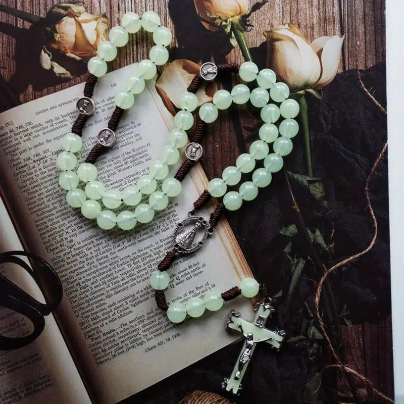 Luminous Rosary Bead Necklace – Glow in Dark Cross Pendant Rosary Bead Necklace Babs