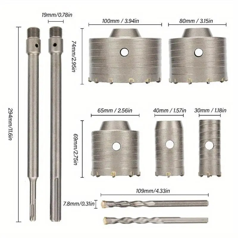9-Pc Concrete Hole Saw Drill Bit Set 30mm–100mm Masonry Kit Hole Saw Drill Set Babs