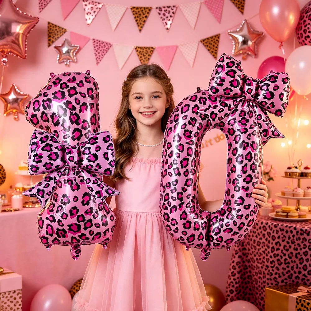 32" Pink Leopard Number Foil Balloons with Bow – Party Decor Party Foil Balloons Babs