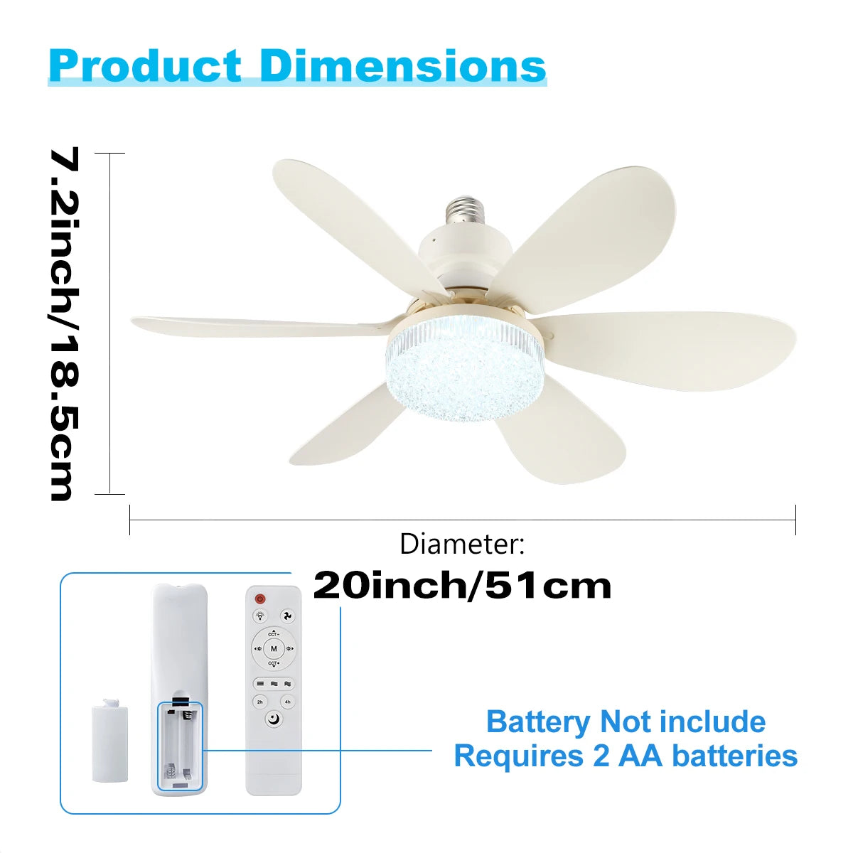 E27 Socket Ceiling Fan with LED Light & Remote Control Ceiling Fan Light Babs Crystal 51cm White
