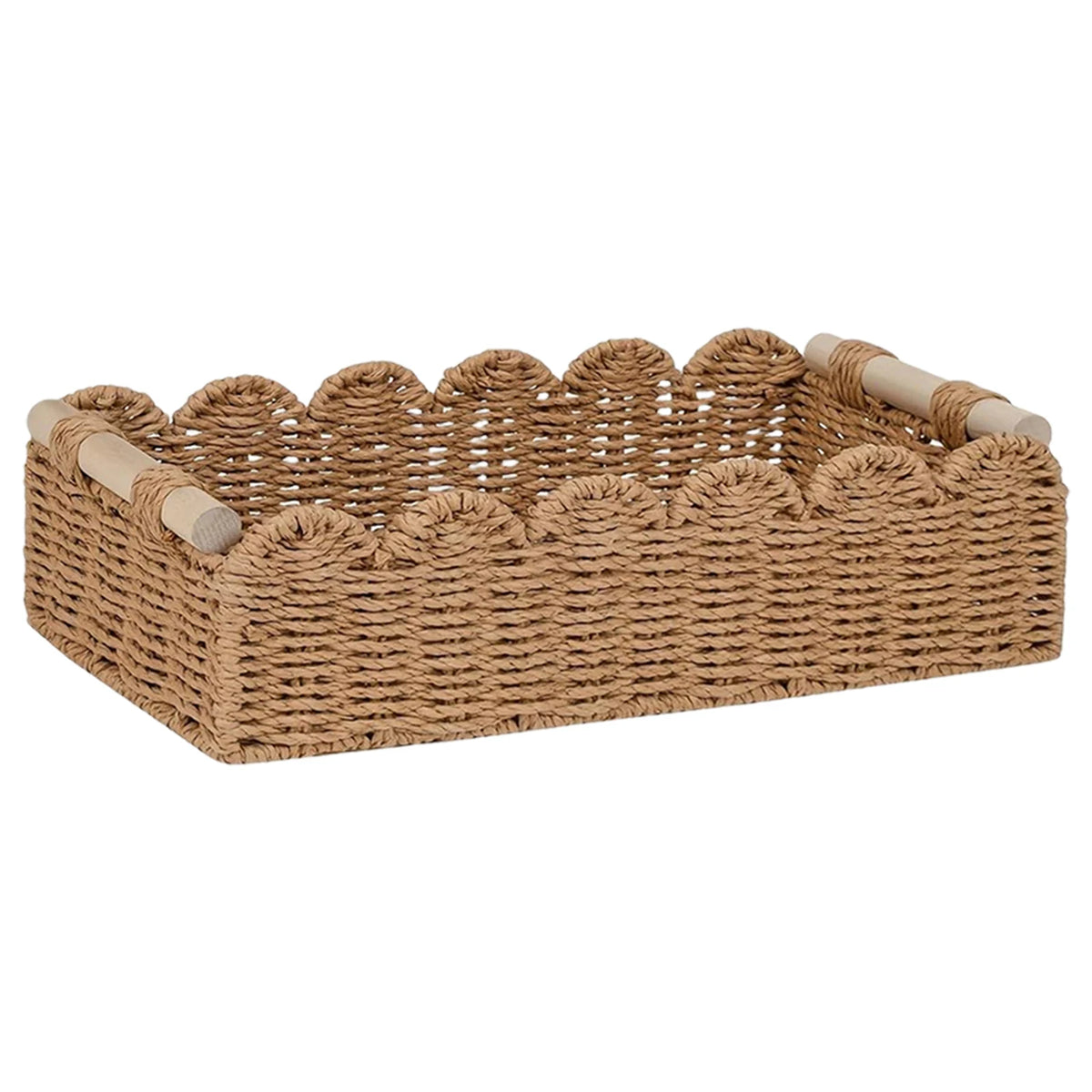 Scalloped Paper Rope Storage Basket with Wooden Handles Woven Storage Basket Babs Khaki One Size