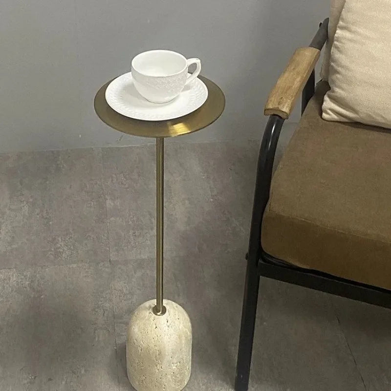 Modern Round Travertine & Stainless Steel Side Table | 60CM Side Table Babs Yellow-Gold-20X60