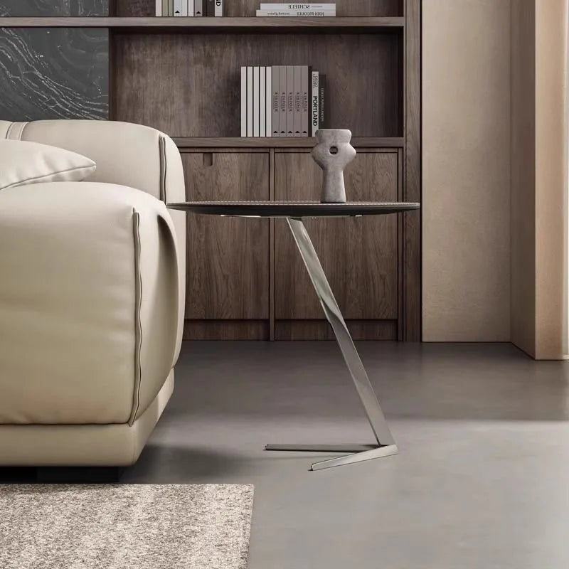 Round Minimalist Coffee Table – Stainless Steel & Leather Side Table Coffee Side Table Babs