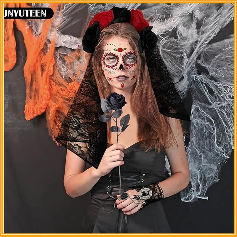 Gothic Dia de los Muertos Lace Rose Necklace & Bracelet Set Costume Jewelry Set Babs