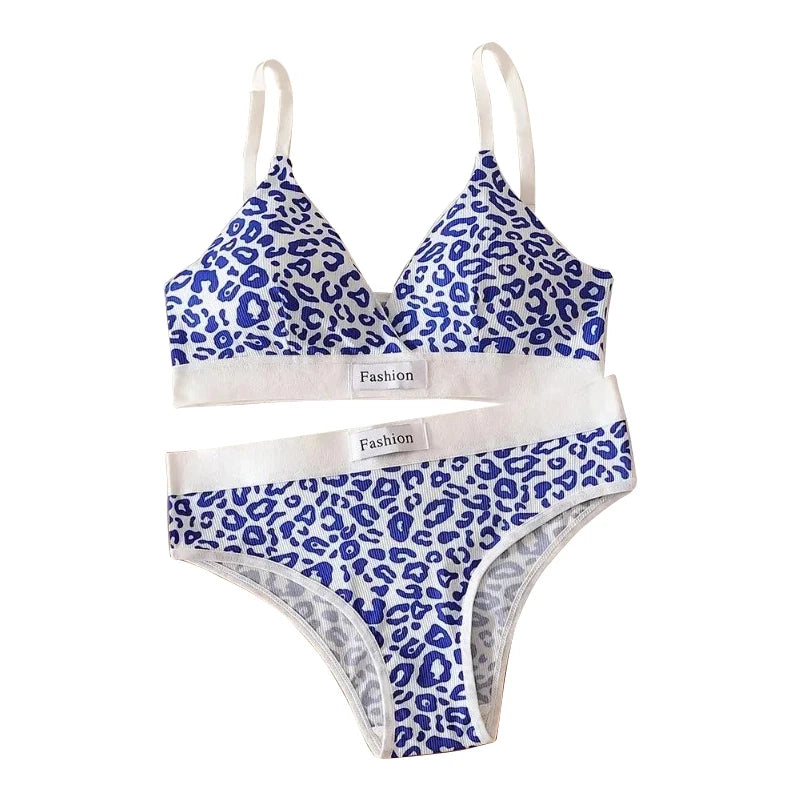 Women's Leopard Print Wire-Free Seamless Bra & Brief Set Bra & Brief Set Babs Blue One Size