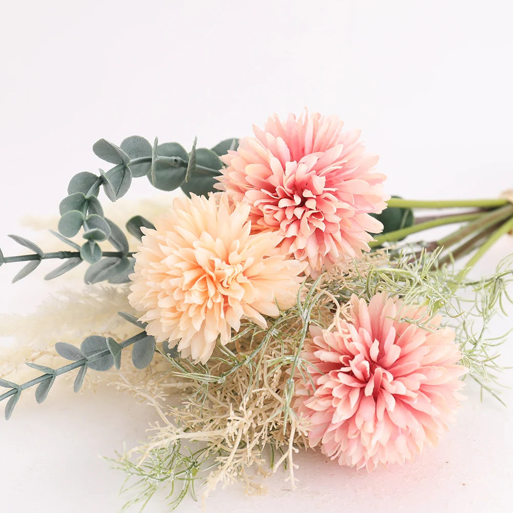 40CM Silk Artificial Flower Bouquet – Eucalyptus & Dandelion Artificial Flower Bouquet Babs Peach Pink