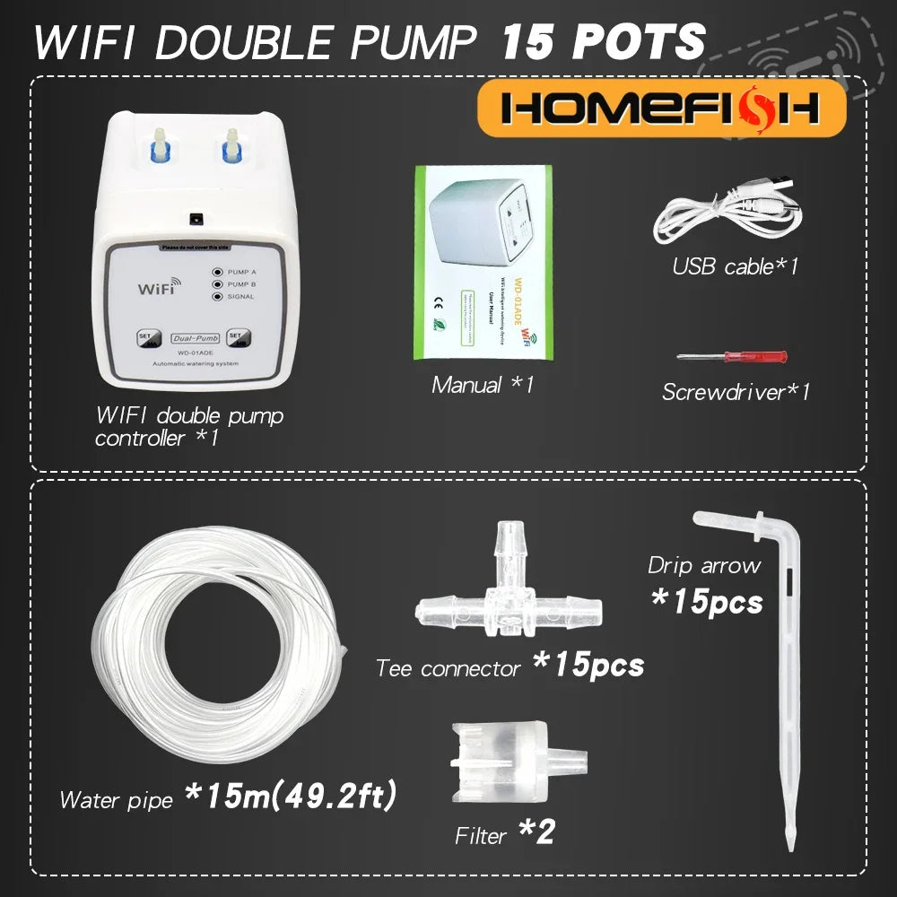 WiFi Smart Drip Irrigation System – Dual Pump, App Control, 20 Pots Drip Irrigation Kit Babs 20 Pots