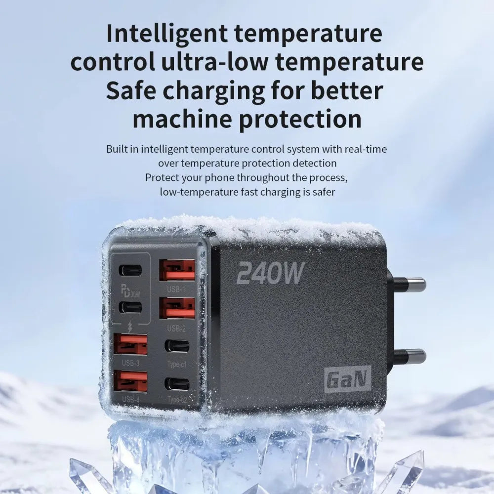 KEBIDUMEI 240W 8-in-1 GaN Desktop Charger USB-C Fast Charge GaN Desktop Charger Babs