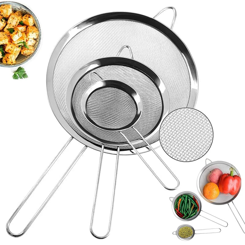 3-Piece Fine Mesh Strainer Set – Stainless Steel Sieve Kitchen Mesh Strainer Babs