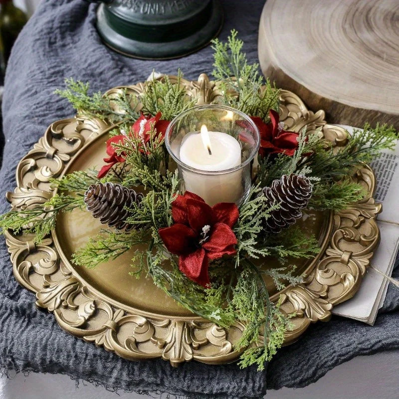 Christmas Floral Wreath Candle Holder | Holiday Centerpiece Wreath Candle Holder Babs