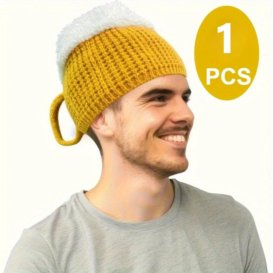 Beer Cup Knit Hat – Funny Novelty Beanie for Parties & Winter Novelty Knit Beanie Babs YELLOW
