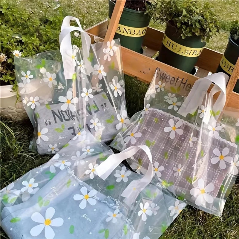 5-Pack Daisy Transparent Plastic Tote Gift Bags | Clear PE Plastic Gift Bag Babs