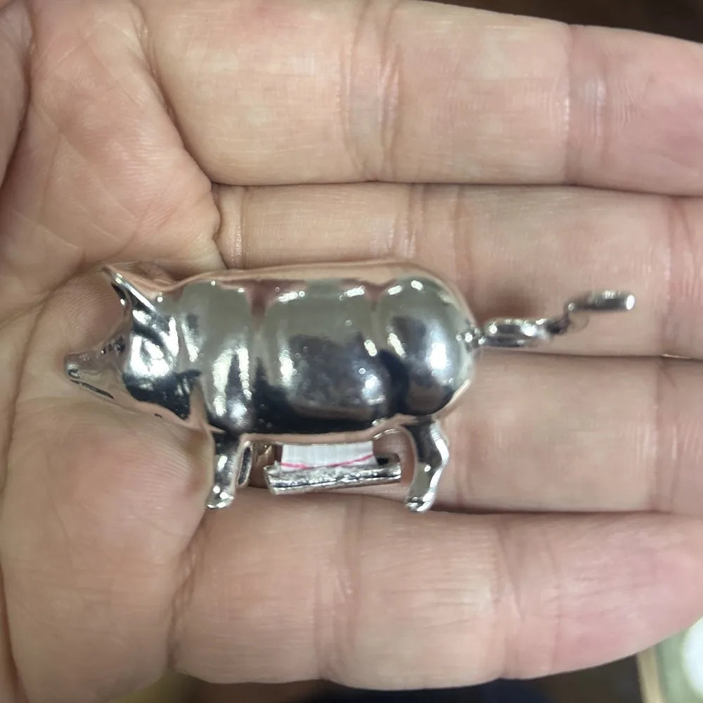Pig Figurine Mini Tape Measure – Vintage Metal Quilting Tool Mini Tape Measure Babs Silver