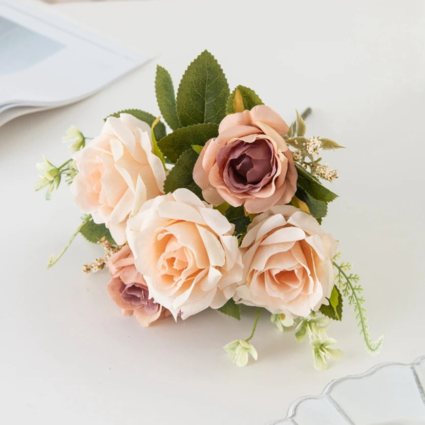 Silk Rose Artificial Bouquet – Wedding & Home Décor Gift Artificial Flower Bouquet Babs Champagne 1 pc