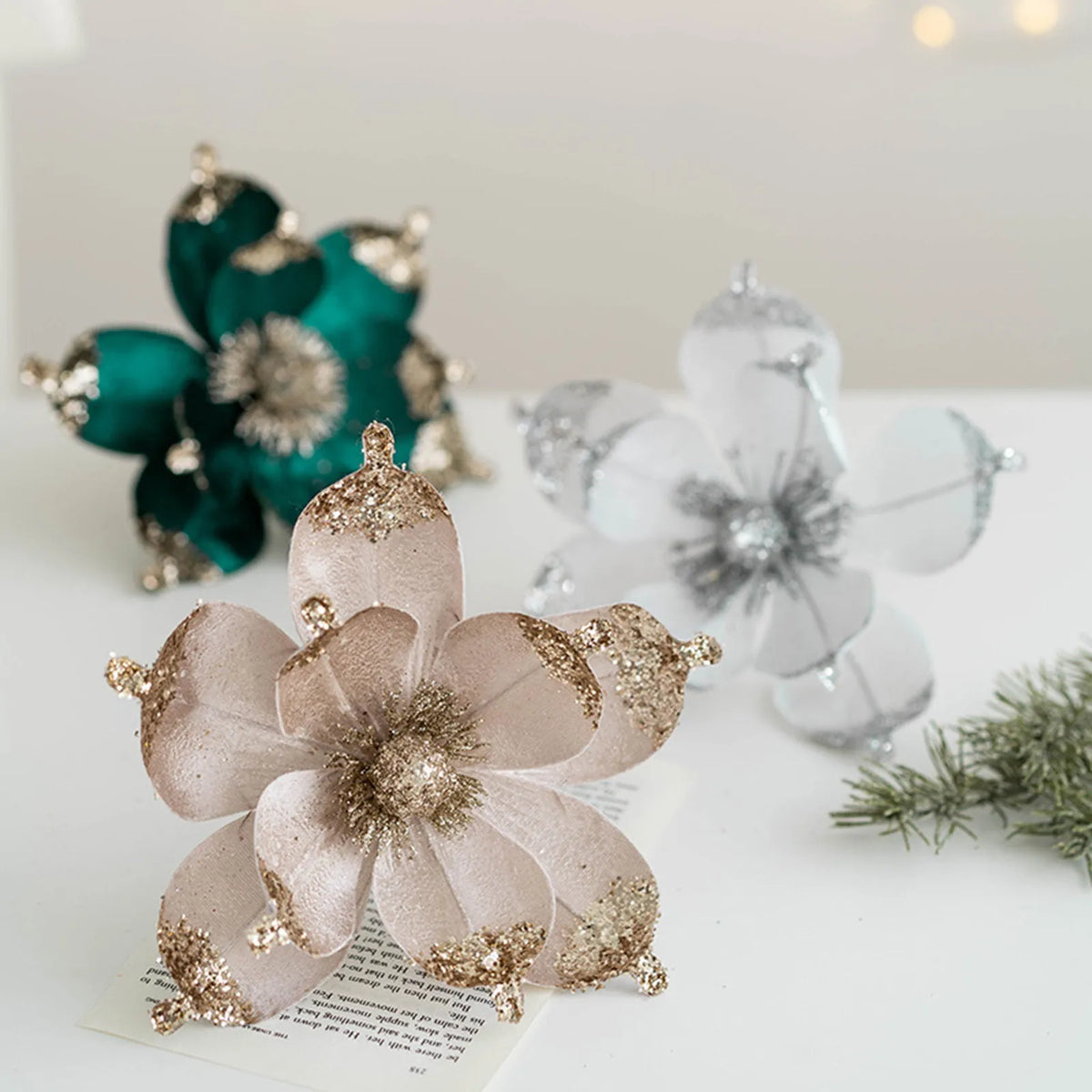 20cm Pink Glitter Magnolia Christmas Flower Pick | Xmas Tree Decor Christmas Flower Pick Babs