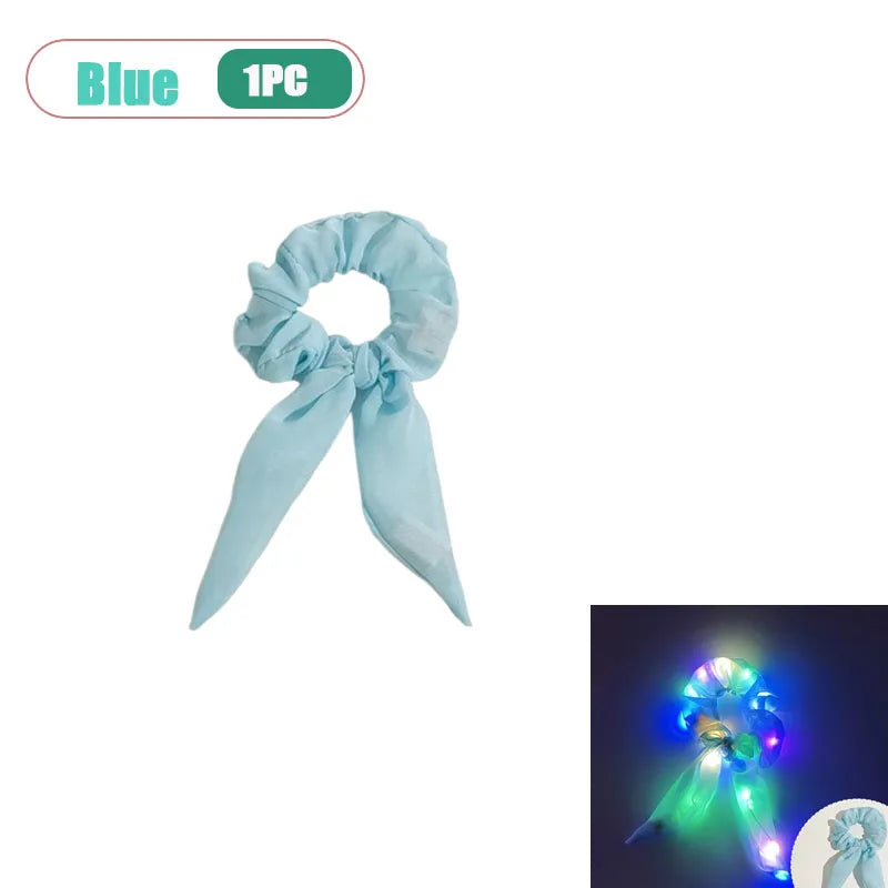 LED Light-Up Bow Scrunchie Glowing Hair Tie | Party Festival LED Hair Accessory Babs Blue-1pc