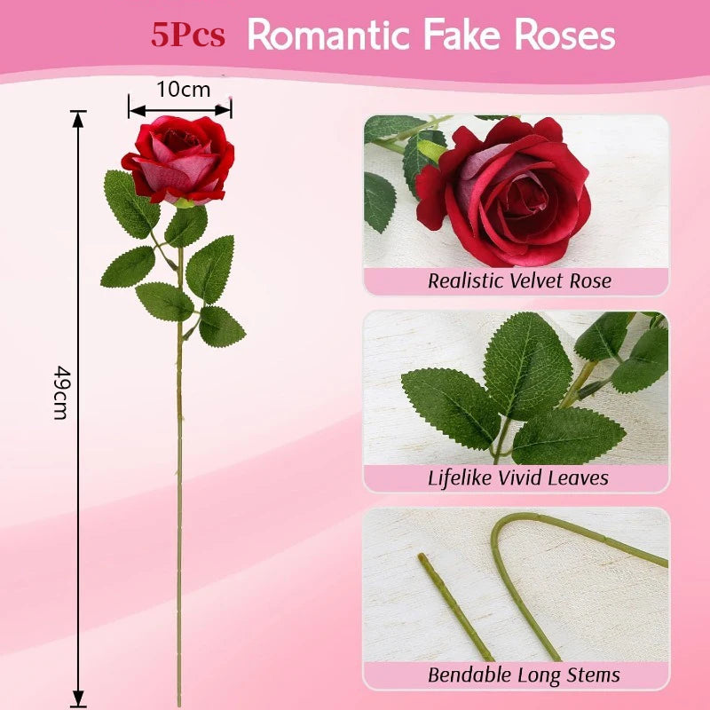 5-Pack Velvet Silk Rose Artificial Flowers | Long Stem Décor Artificial Silk Flowers Babs