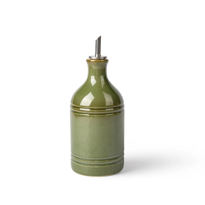 Retro Ceramic Olive Oil Bottle with Stainless Steel Spout Ceramic Oil Dispenser Babs green - A