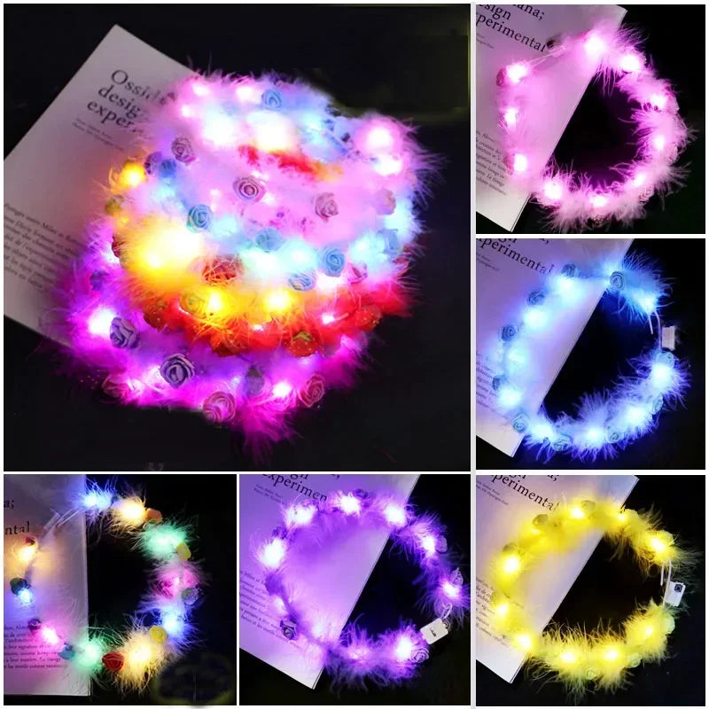 12-Pack LED Fairy Feather Rose Headbands – Glow Party Favors LED Party Headband Babs