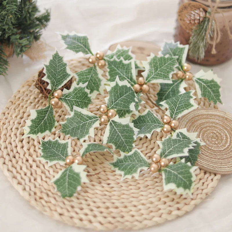 10PCS Artificial Christmas Holly Berry Leaves – DIY Wreath Decor Artificial Holly Decor Babs