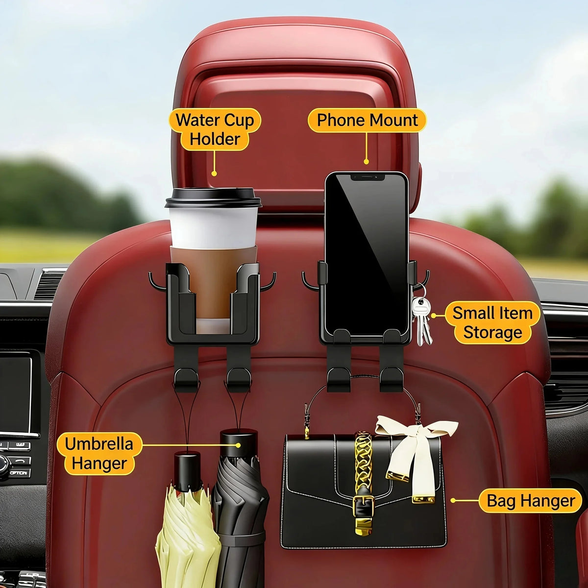 Car Seat Headrest Hook Organizer – Phone & Cup Holder Car Seat Organizer Babs